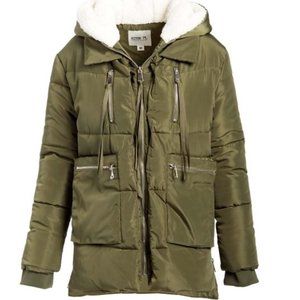 NEW Olive Military Green Quilted Puffer Coat Sherpa Lined Hood Large poc…